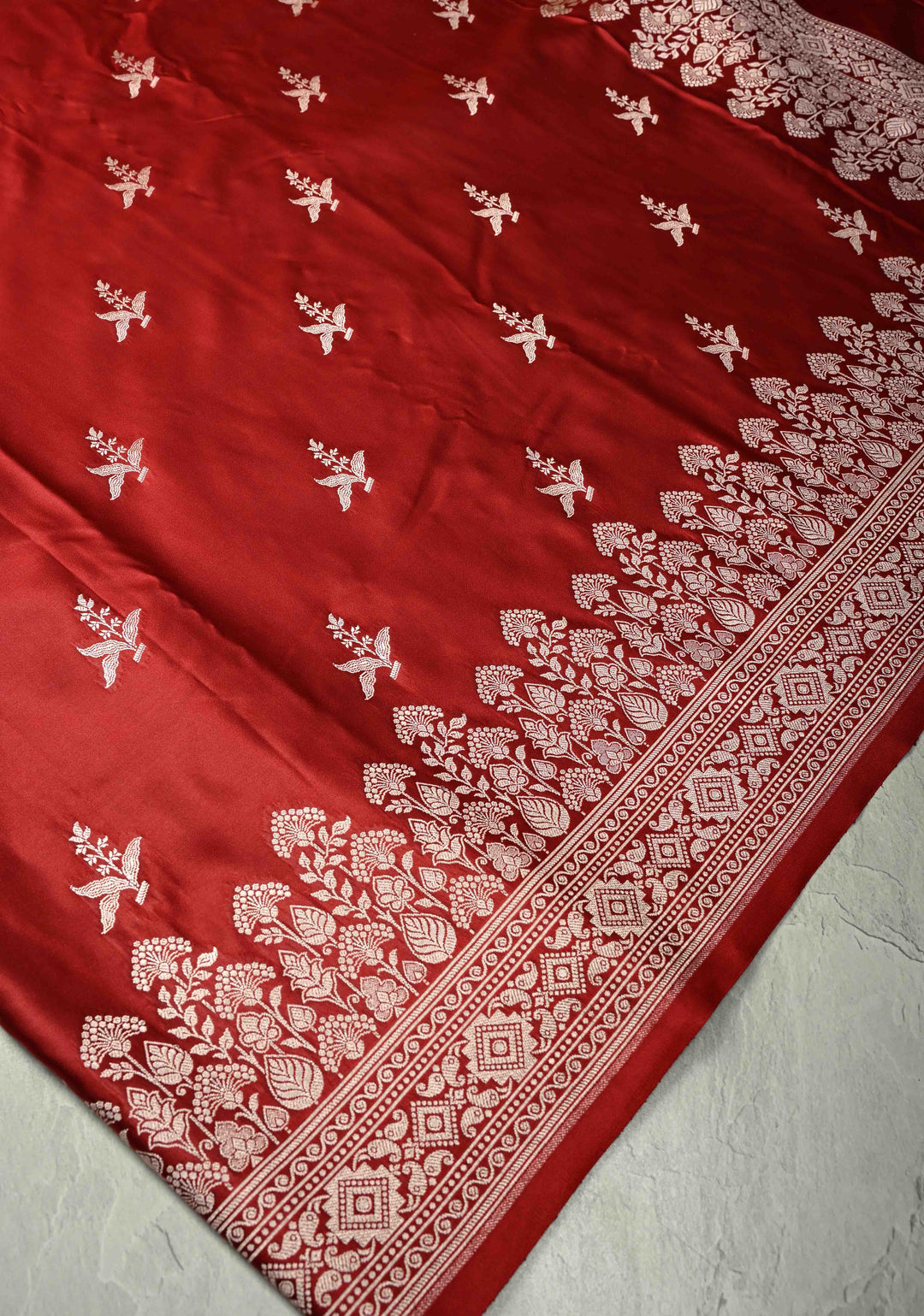 Blood Red Banarasi Semi Mashru Silk Saree with Zari Buttas and Floral Zari Border