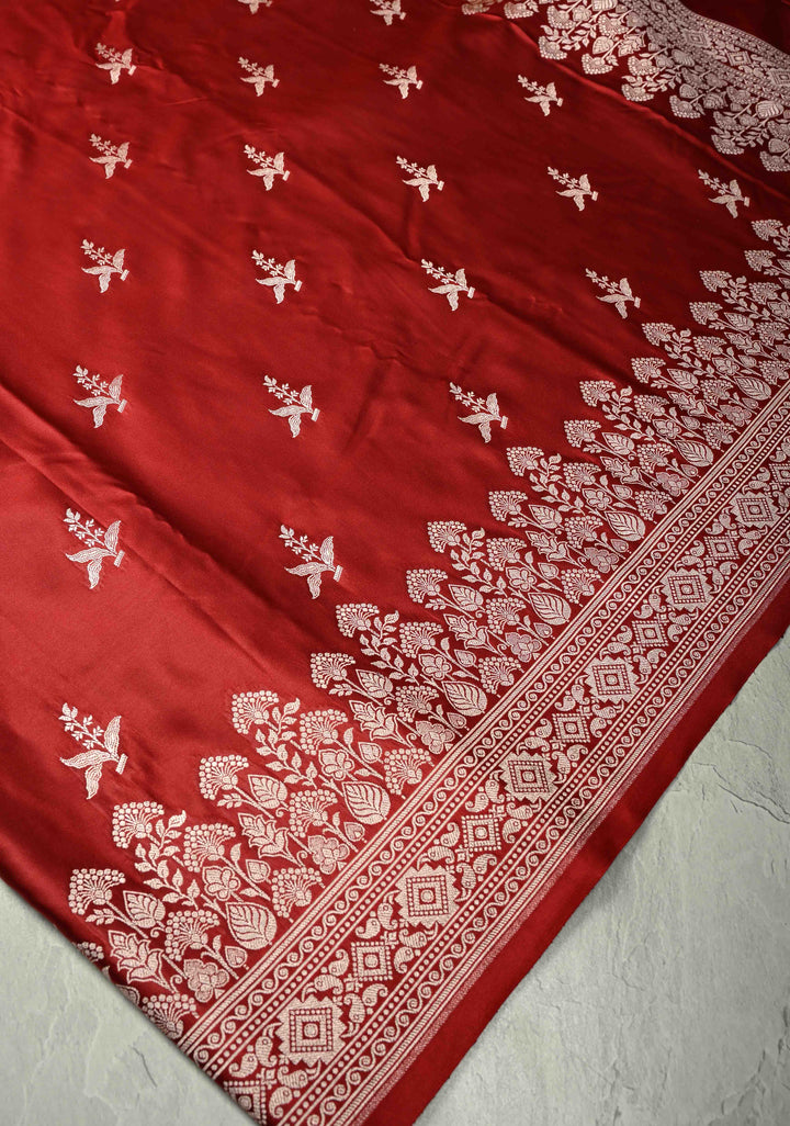 Blood Red Banarasi Semi Mashru Silk Saree with Zari Buttas and Floral Zari Border