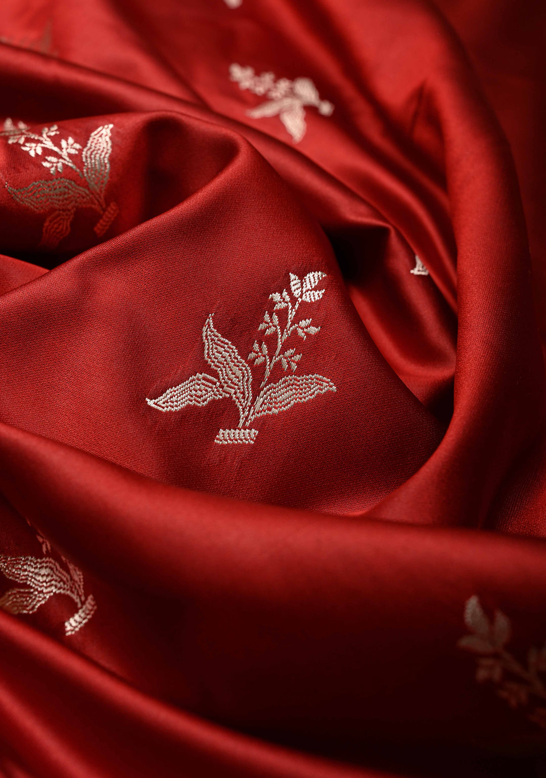 Blood Red Banarasi Semi Mashru Silk Saree with Zari Buttas and Floral Zari Border