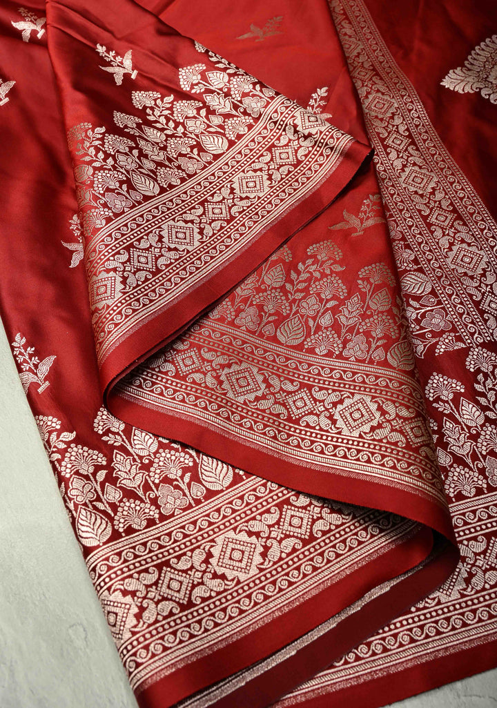 Blood Red Banarasi Semi Mashru Silk Saree with Zari Buttas and Floral Zari Border