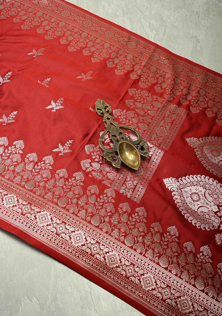 Blood Red Banarasi Semi Mashru Silk Saree with Zari Buttas and Floral Zari Border