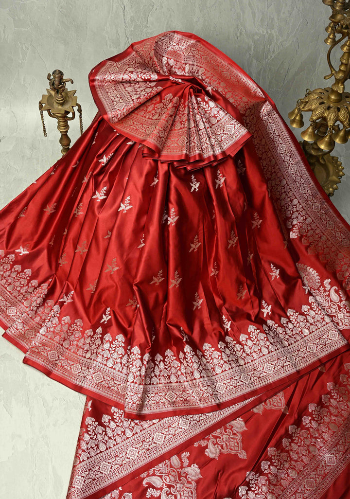 Blood Red Banarasi Semi Mashru Silk Saree with Zari Buttas and Floral Zari Border