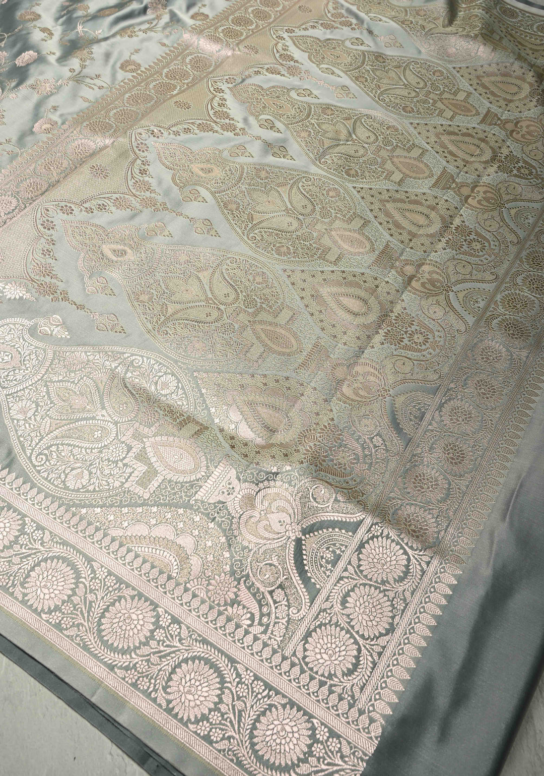 Gray Banarasi Semi Mashru Silk Saree with Silver Floral Jaal and Zari Border