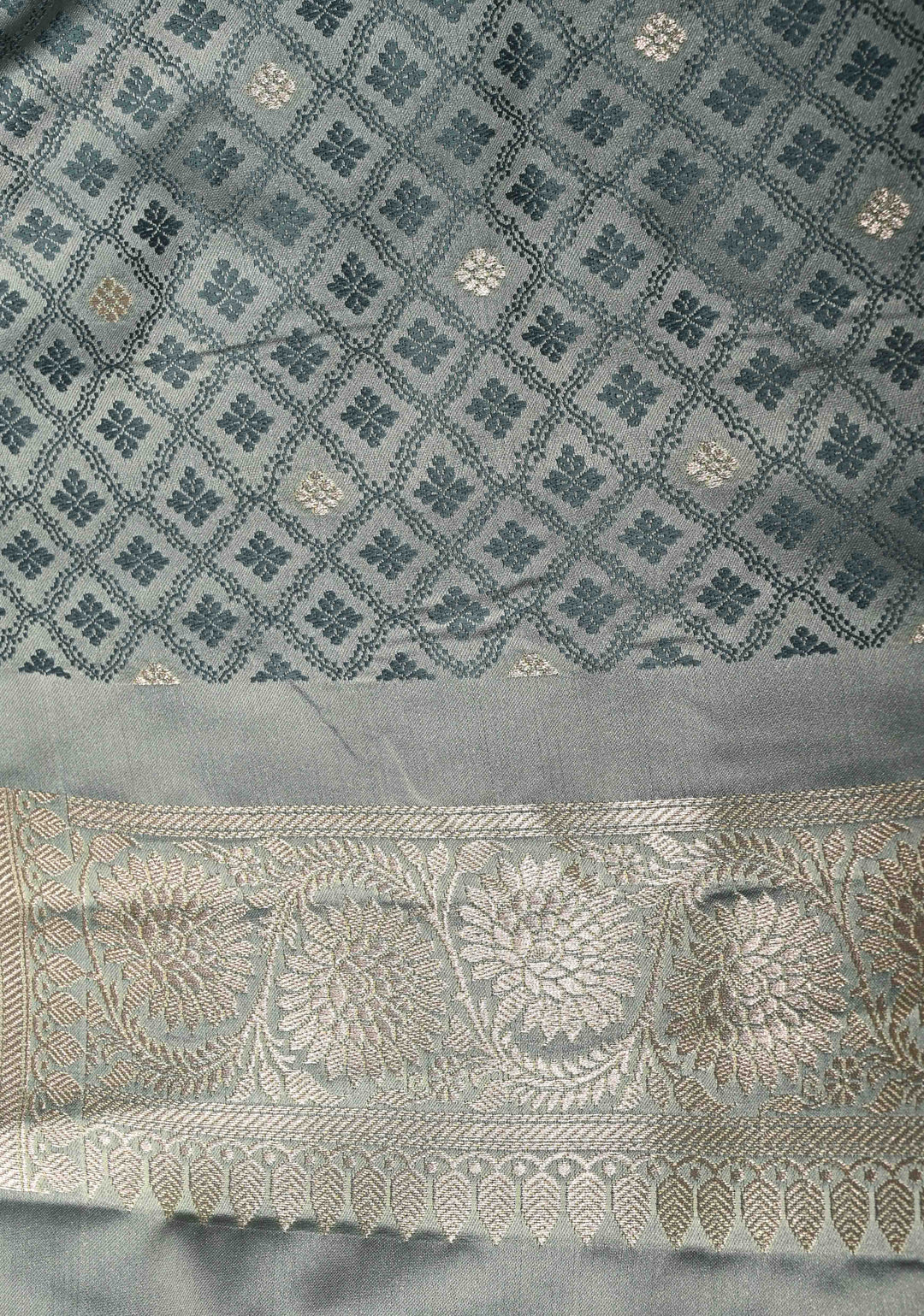 Gray Banarasi Semi Mashru Silk Saree with Silver Floral Jaal and Zari Border
