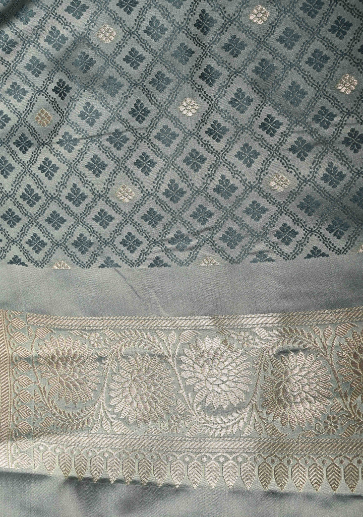 Gray Banarasi Semi Mashru Silk Saree with Silver Floral Jaal and Zari Border