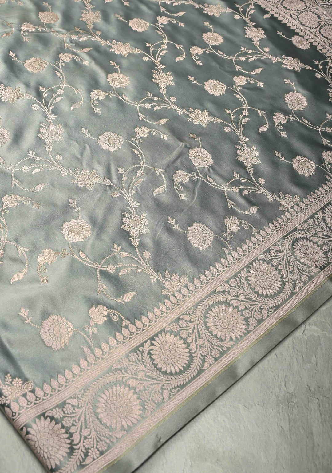 Gray Banarasi Semi Mashru Silk Saree with Silver Floral Jaal and Zari Border