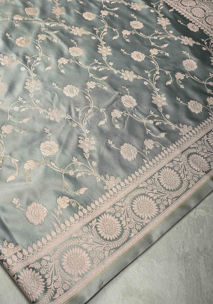 Gray Banarasi Semi Mashru Silk Saree with Silver Floral Jaal and Zari Border