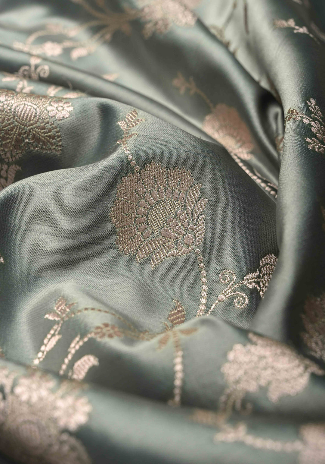 Gray Banarasi Semi Mashru Silk Saree with Silver Floral Jaal and Zari Border