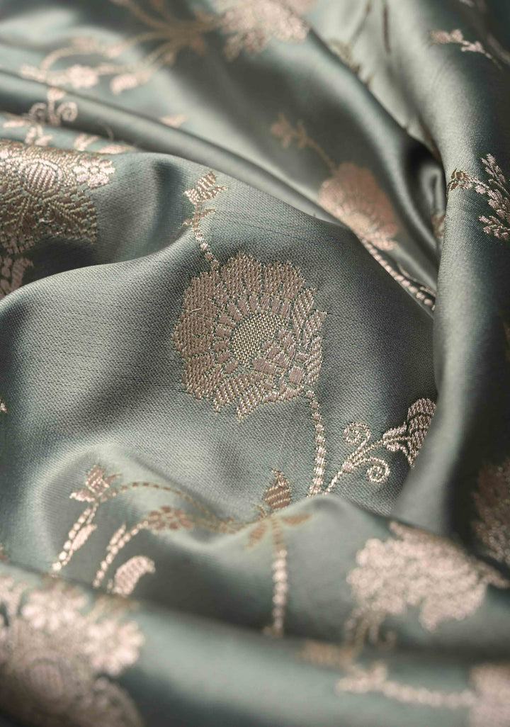 Gray Banarasi Semi Mashru Silk Saree with Silver Floral Jaal and Zari Border