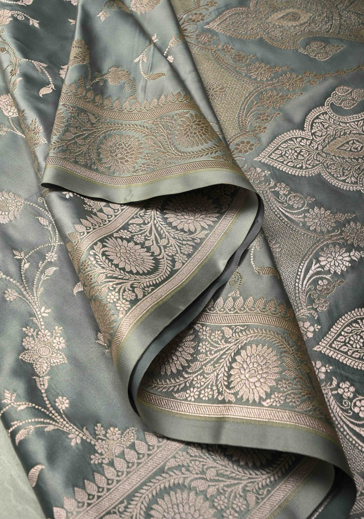 Gray Banarasi Semi Mashru Silk Saree with Silver Floral Jaal and Zari Border