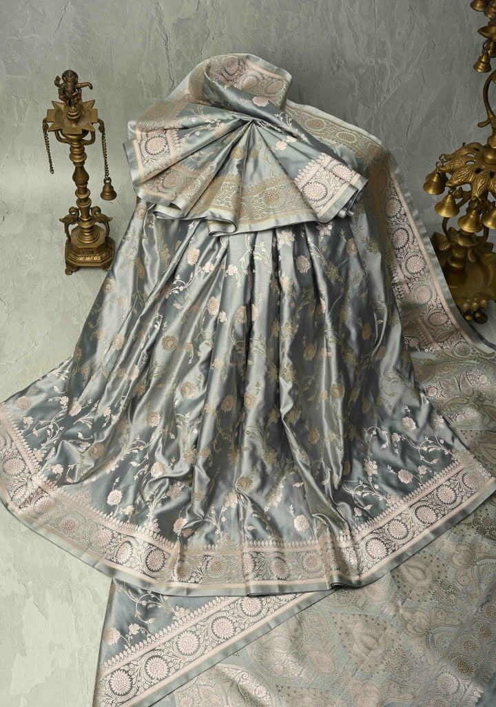 Gray Banarasi Semi Mashru Silk Saree with Silver Floral Jaal and Zari Border