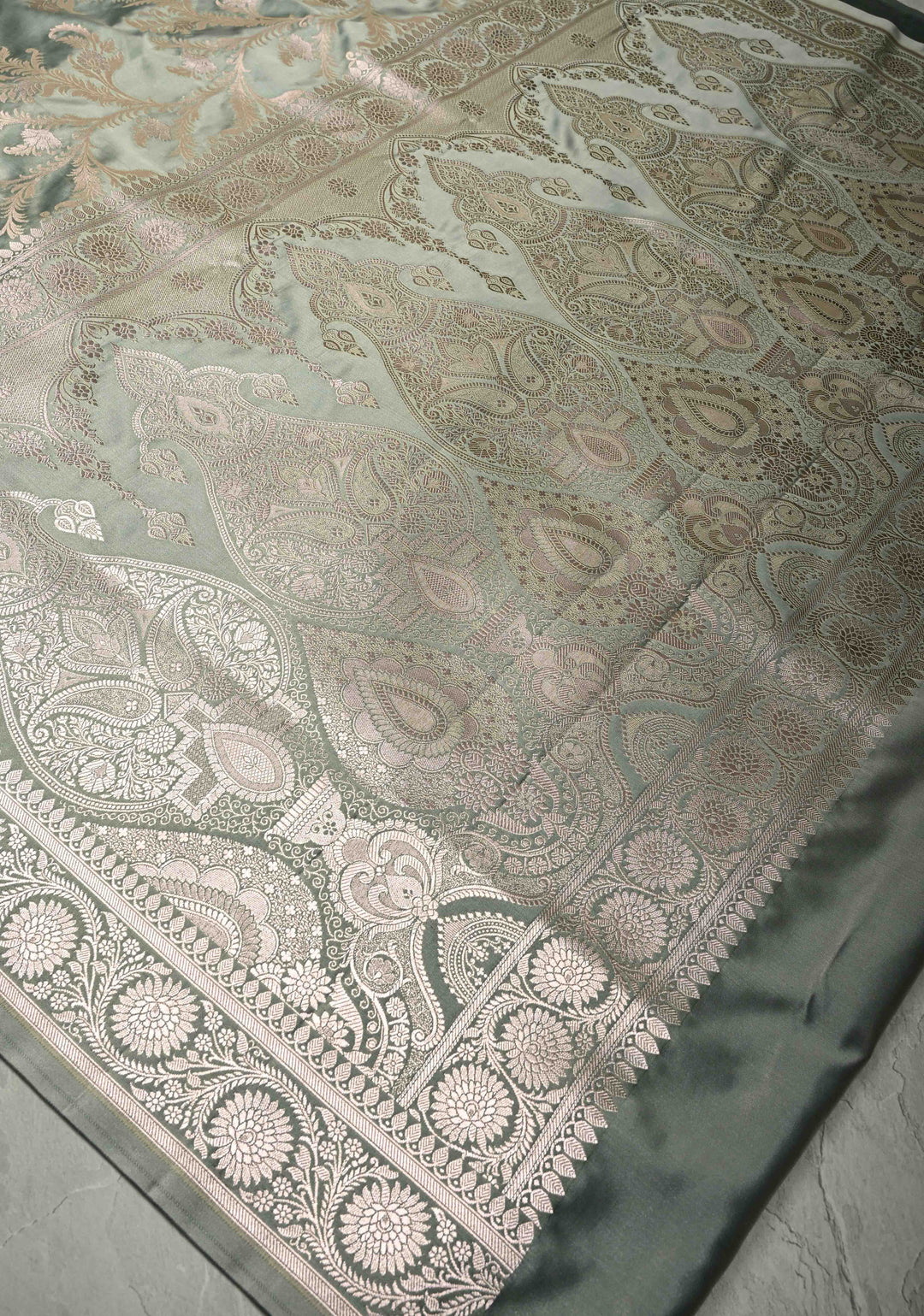 Sage Green Banarasi Semi Mashru Silk Saree with Silver Floral Jaal and Zari Border