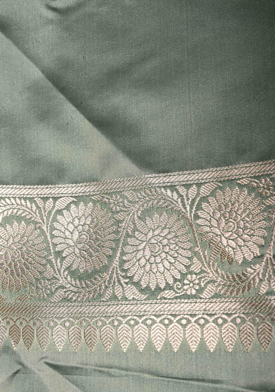 Sage Green Banarasi Semi Mashru Silk Saree with Silver Floral Jaal and Zari Border