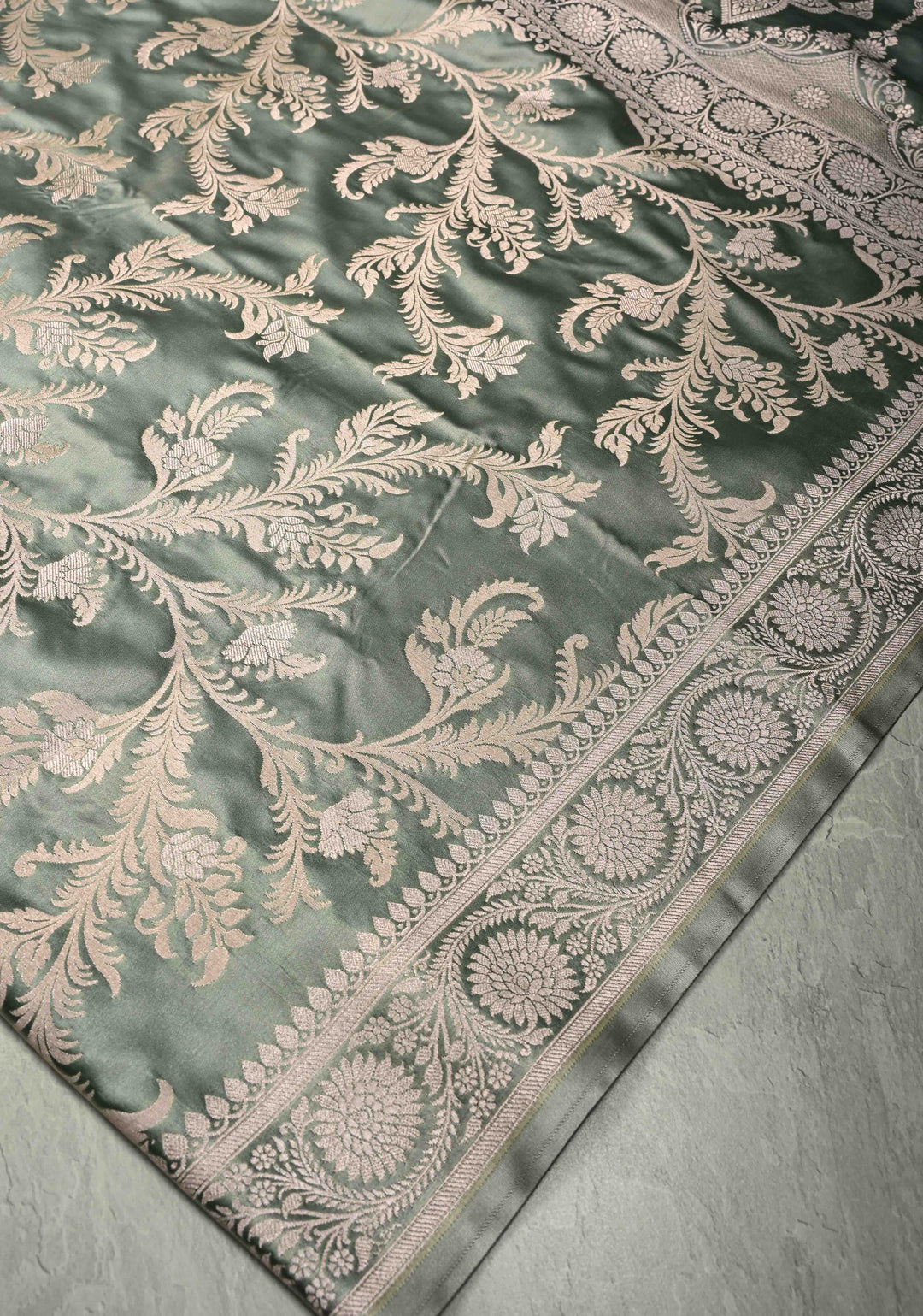 Sage Green Banarasi Semi Mashru Silk Saree with Silver Floral Jaal and Zari Border