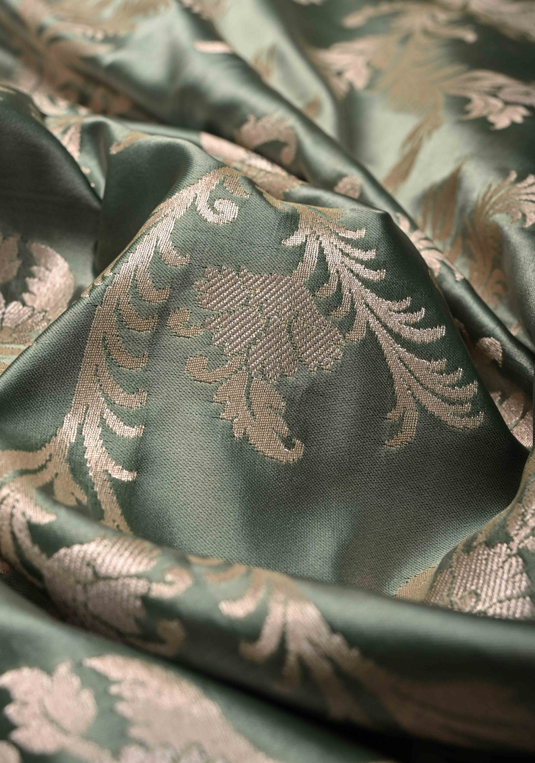 Sage Green Banarasi Semi Mashru Silk Saree with Silver Floral Jaal and Zari Border