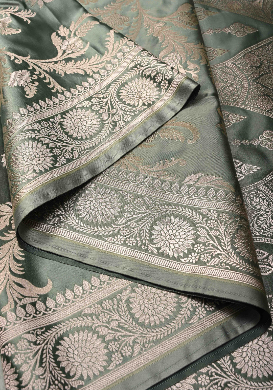 Sage Green Banarasi Semi Mashru Silk Saree with Silver Floral Jaal and Zari Border