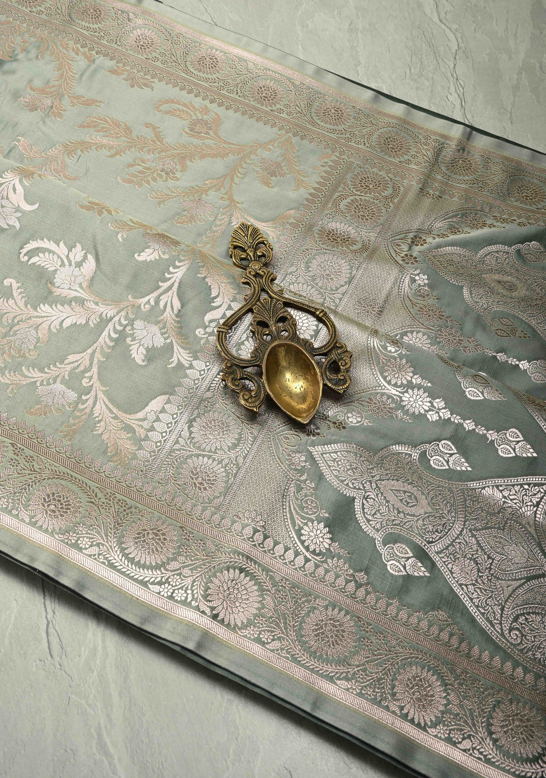 Sage Green Banarasi Semi Mashru Silk Saree with Silver Floral Jaal and Zari Border