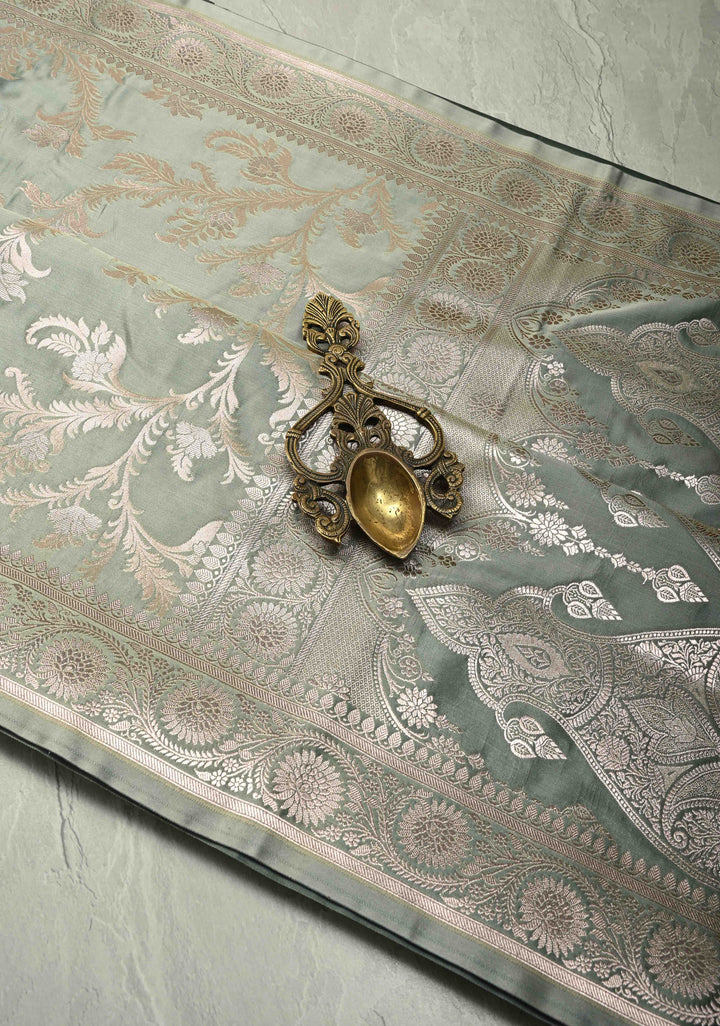 Sage Green Banarasi Semi Mashru Silk Saree with Silver Floral Jaal and Zari Border