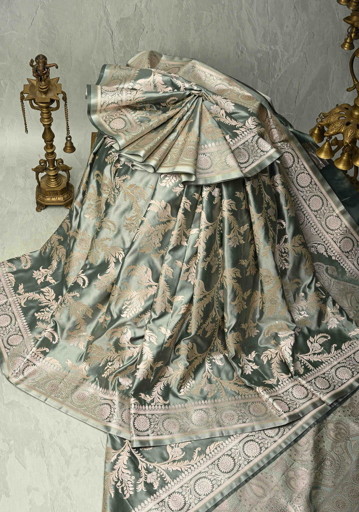 Sage Green Banarasi Semi Mashru Silk Saree with Silver Floral Jaal and Zari Border