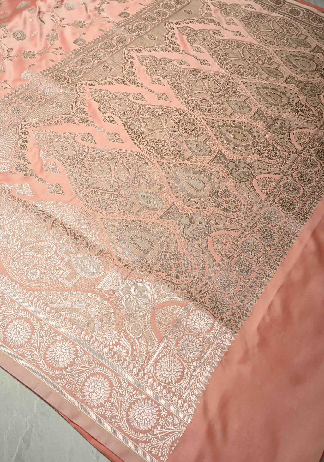 Coral Pink Banarasi Semi Mashru Silk Saree with Floral Jaal and Zari Border