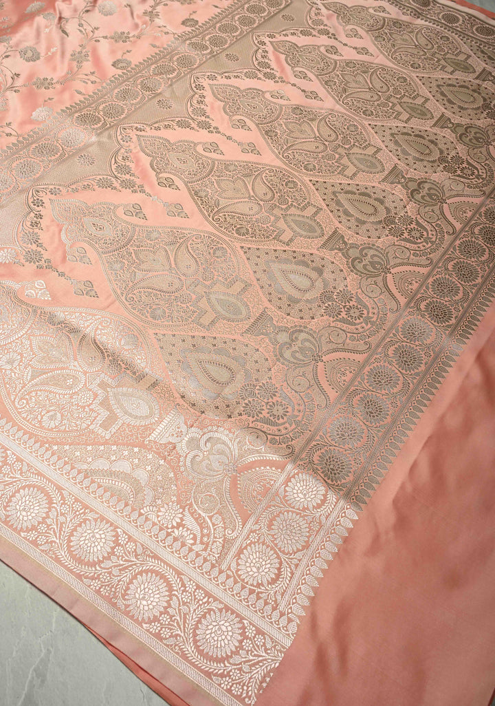 Coral Pink Banarasi Semi Mashru Silk Saree with Floral Jaal and Zari Border