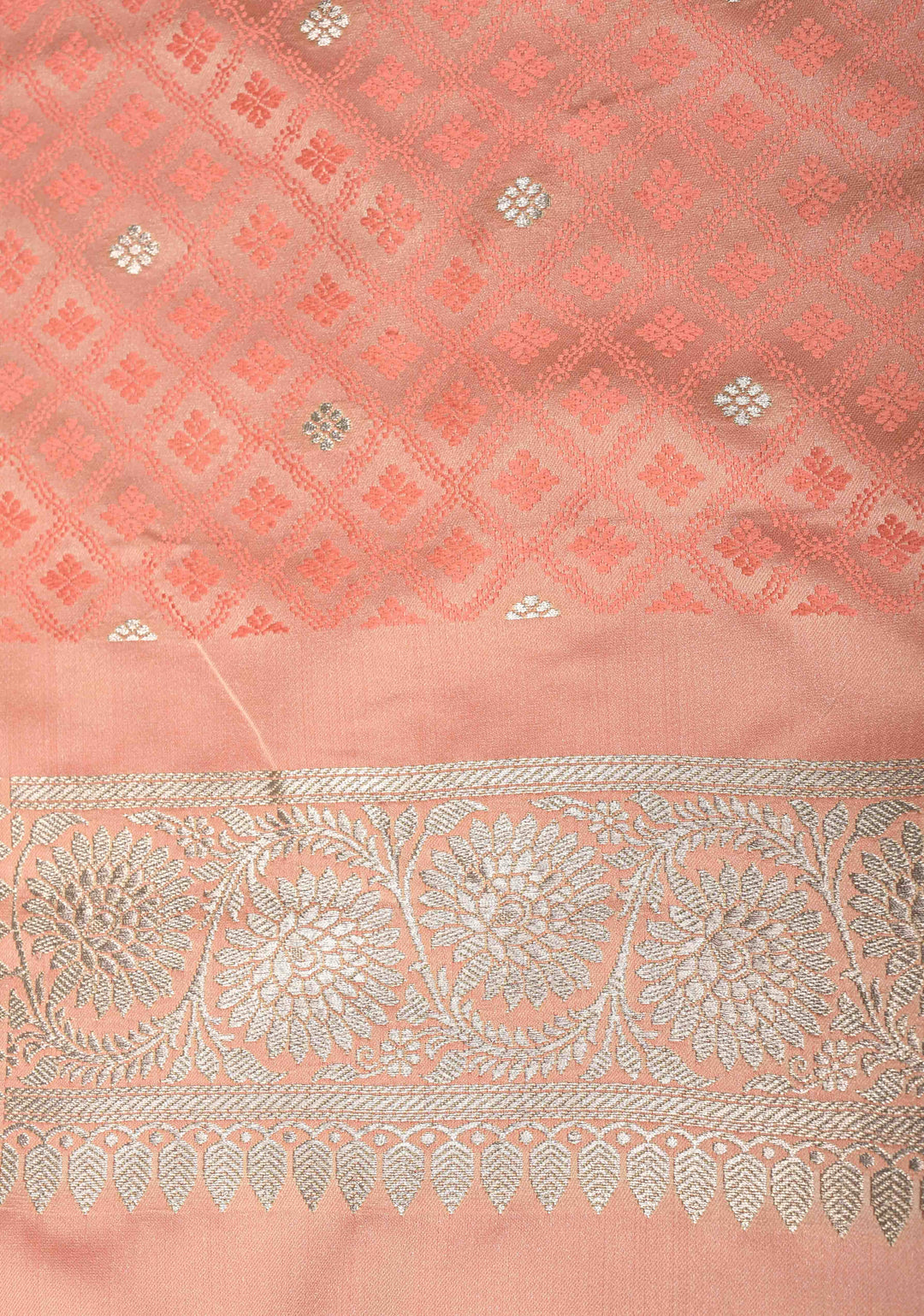 Coral Pink Banarasi Semi Mashru Silk Saree with Floral Jaal and Zari Border