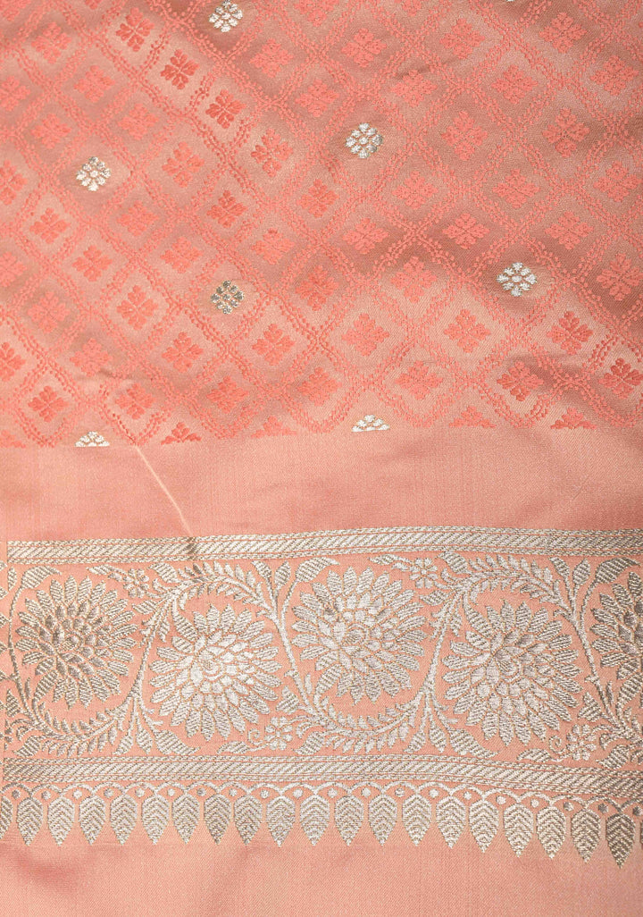 Coral Pink Banarasi Semi Mashru Silk Saree with Floral Jaal and Zari Border