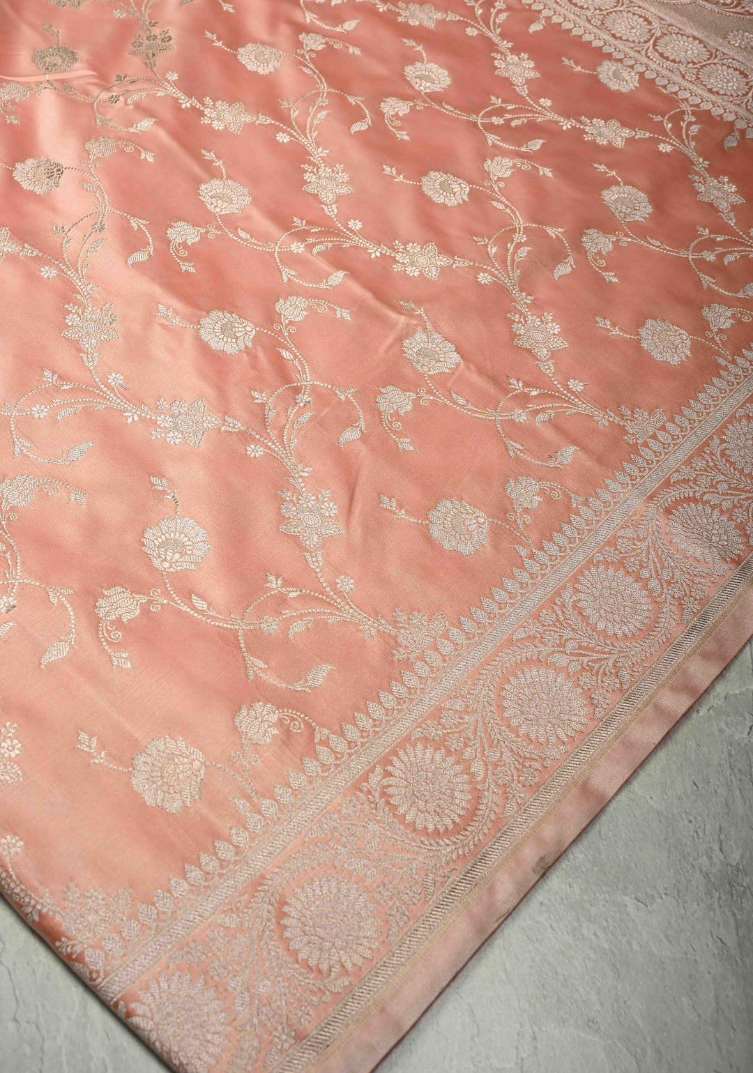 Coral Pink Banarasi Semi Mashru Silk Saree with Floral Jaal and Zari Border