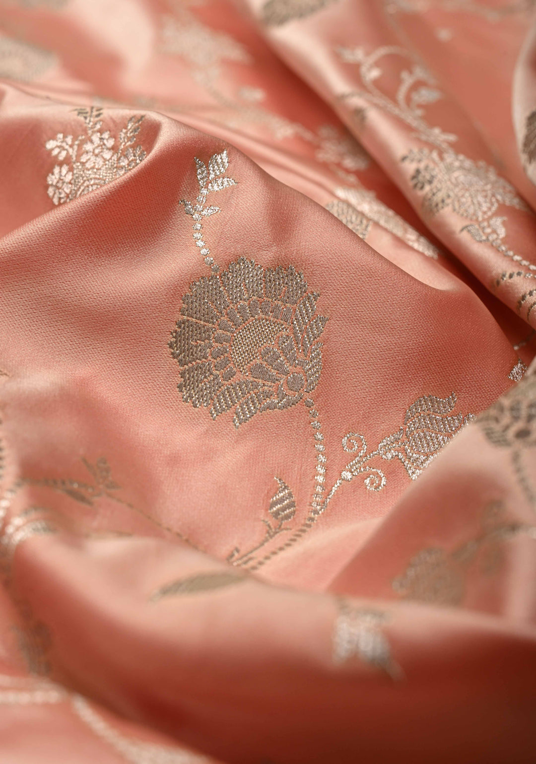 Coral Pink Banarasi Semi Mashru Silk Saree with Floral Jaal and Zari Border