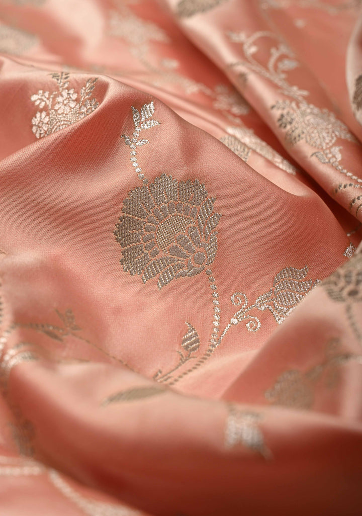 Coral Pink Banarasi Semi Mashru Silk Saree with Floral Jaal and Zari Border