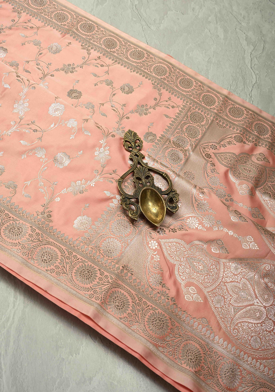 Coral Pink Banarasi Semi Mashru Silk Saree with Floral Jaal and Zari Border