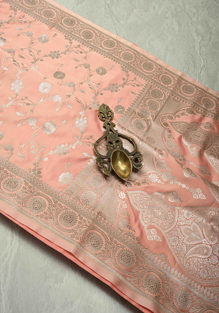 Coral Pink Banarasi Semi Mashru Silk Saree with Floral Jaal and Zari Border