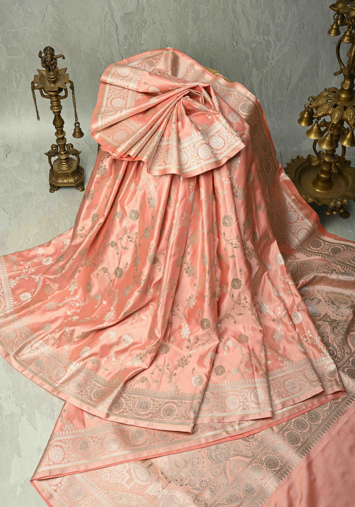 Coral Pink Banarasi Semi Mashru Silk Saree with Floral Jaal and Zari Border