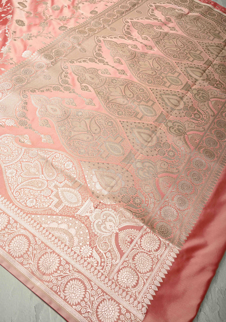 Rose Pink Banarasi Semi Mashru Silk Saree with Floral Jaal and Zari Border