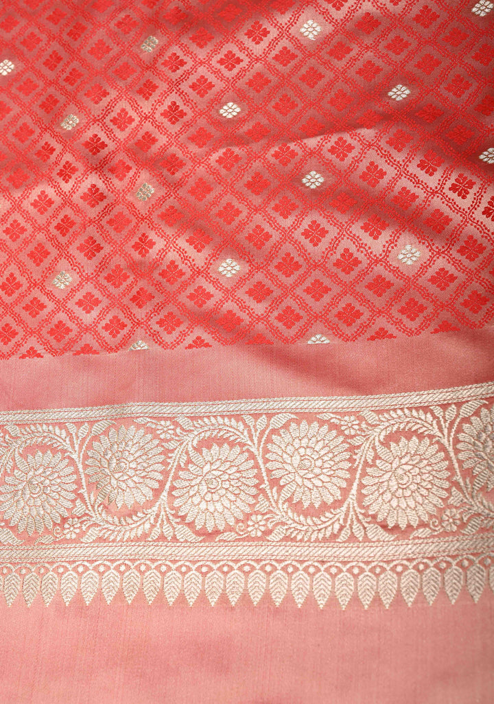 Rose Pink Banarasi Semi Mashru Silk Saree with Floral Jaal and Zari Border