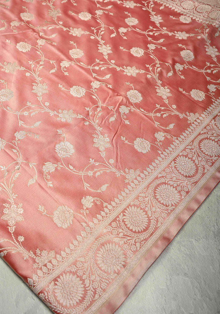 Rose Pink Banarasi Semi Mashru Silk Saree with Floral Jaal and Zari Border
