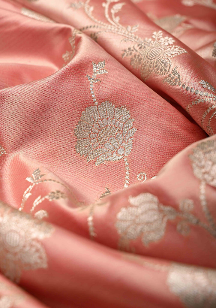 Rose Pink Banarasi Semi Mashru Silk Saree with Floral Jaal and Zari Border