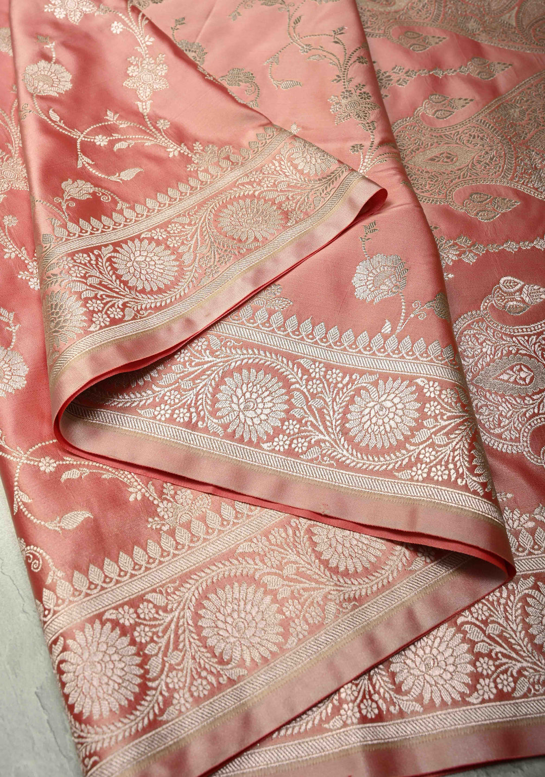 Rose Pink Banarasi Semi Mashru Silk Saree with Floral Jaal and Zari Border