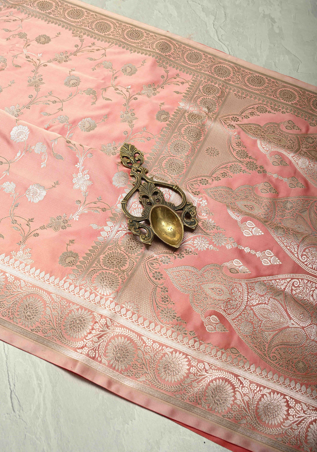 Rose Pink Banarasi Semi Mashru Silk Saree with Floral Jaal and Zari Border