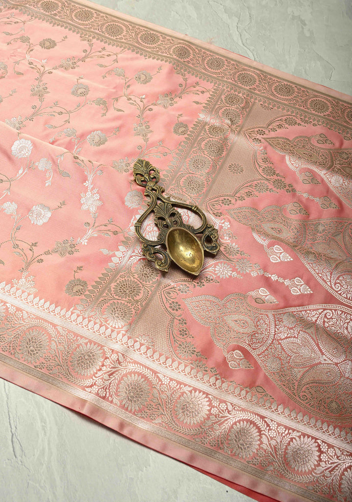 Rose Pink Banarasi Semi Mashru Silk Saree with Floral Jaal and Zari Border