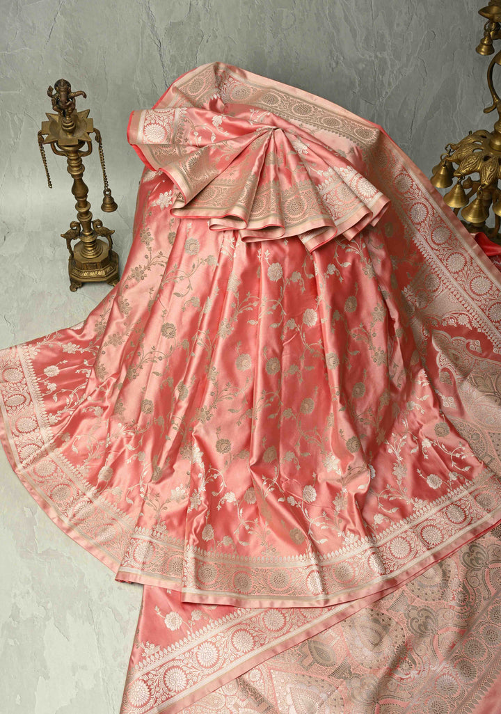 Rose Pink Banarasi Semi Mashru Silk Saree with Floral Jaal and Zari Border