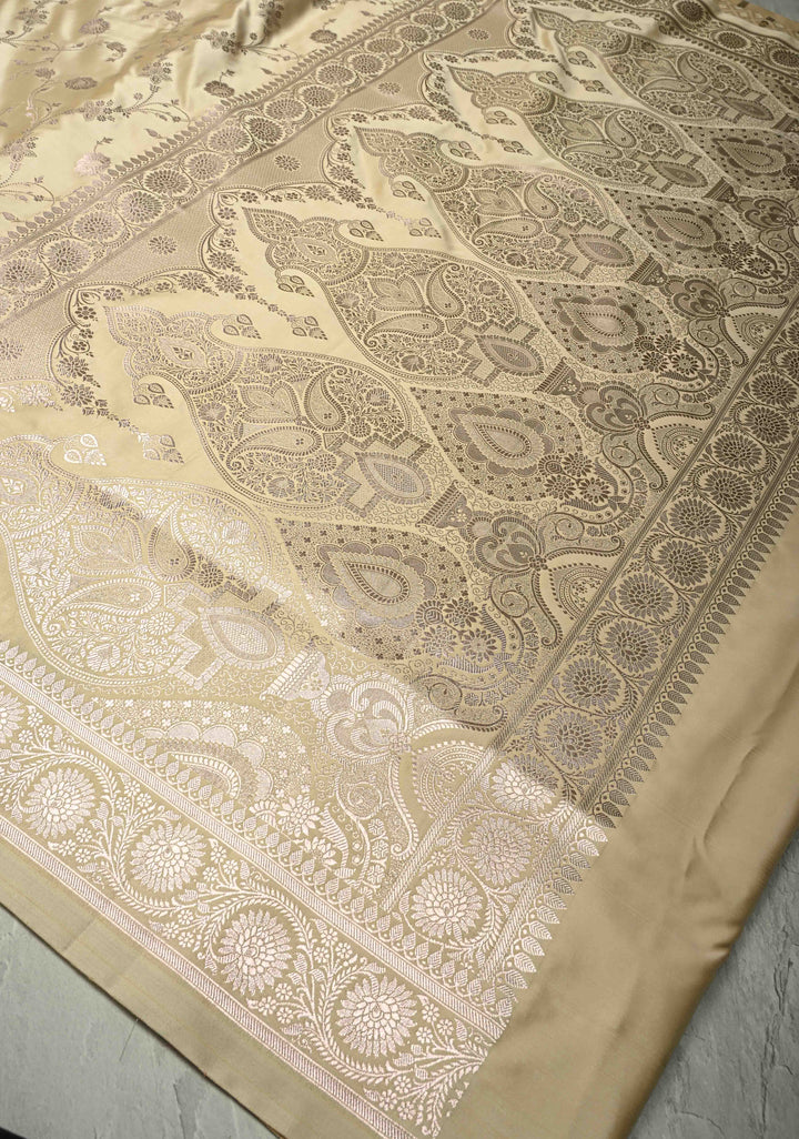 Champagne Banarasi Semi Mashru Silk Saree with Floral Jaal and Zari Border