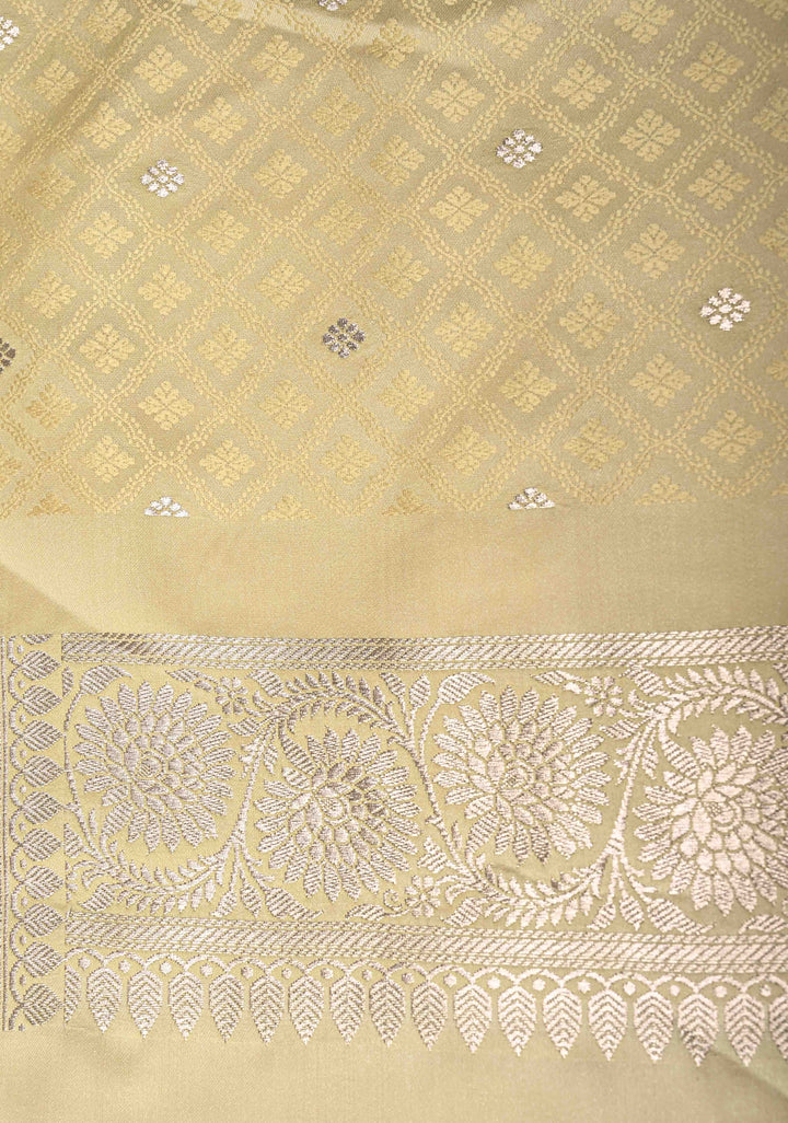 Champagne Banarasi Semi Mashru Silk Saree with Floral Jaal and Zari Border