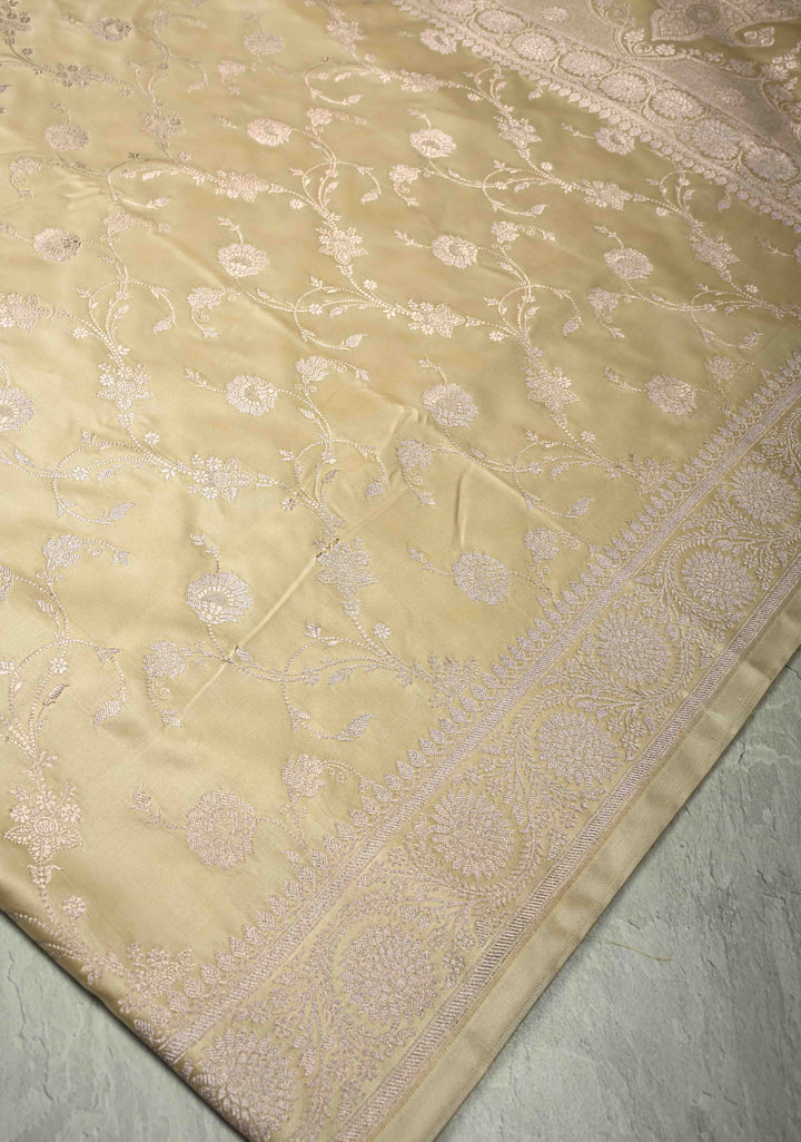 Champagne Banarasi Semi Mashru Silk Saree with Floral Jaal and Zari Border