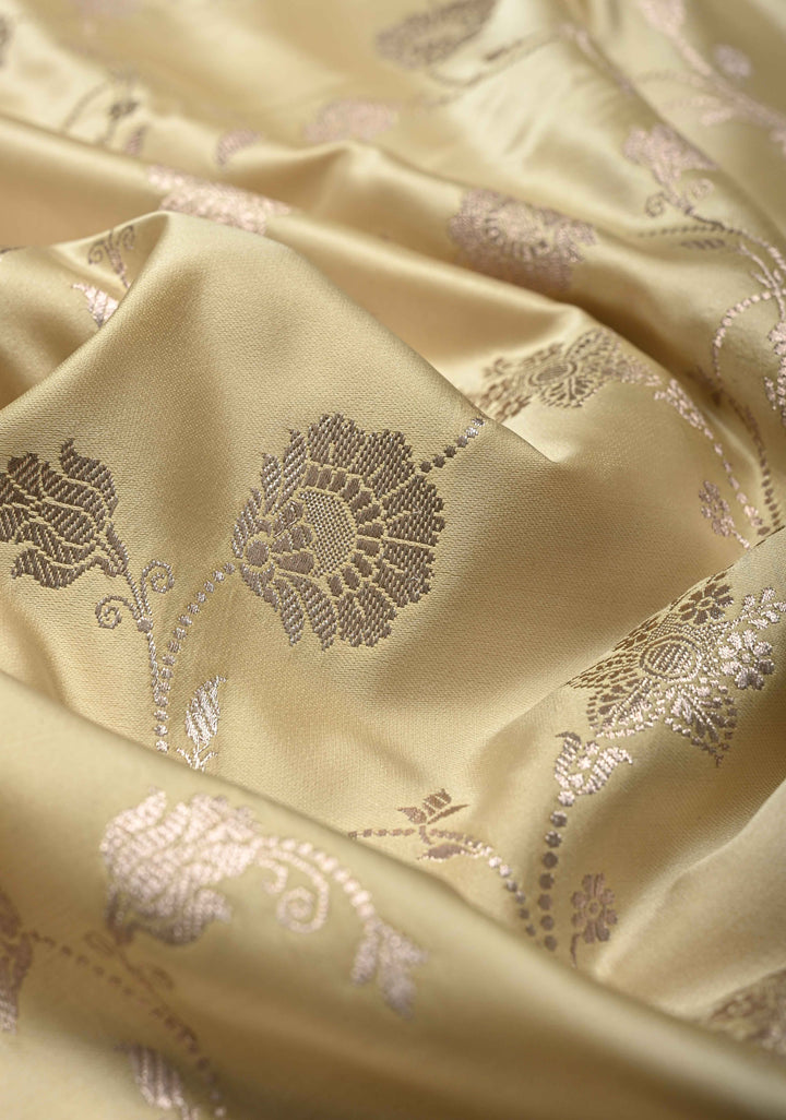 Champagne Banarasi Semi Mashru Silk Saree with Floral Jaal and Zari Border