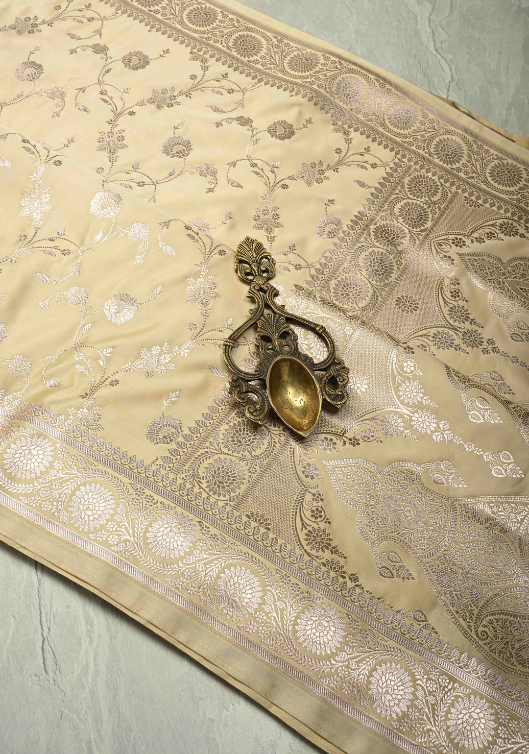 Champagne Banarasi Semi Mashru Silk Saree with Floral Jaal and Zari Border