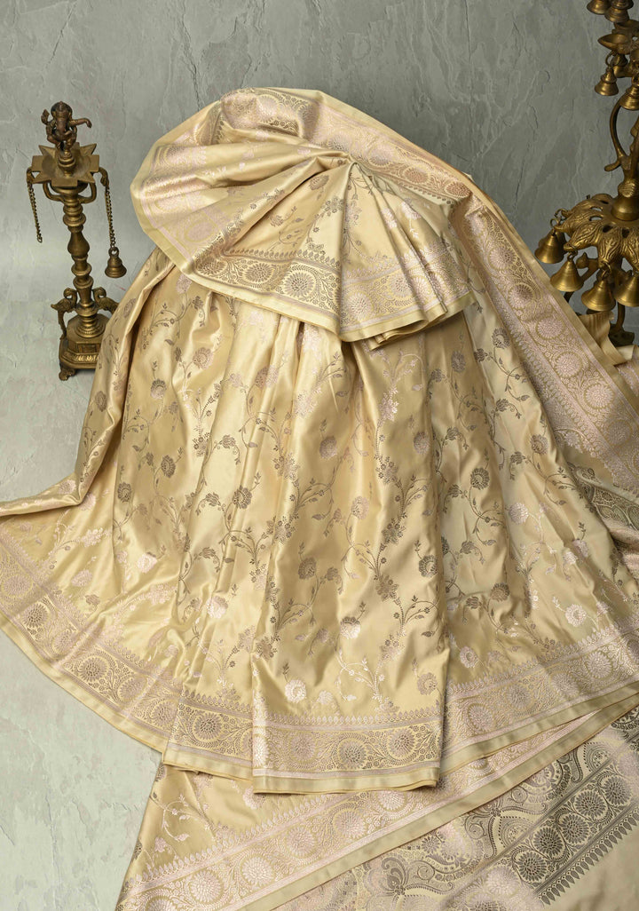 Champagne Banarasi Semi Mashru Silk Saree with Floral Jaal and Zari Border