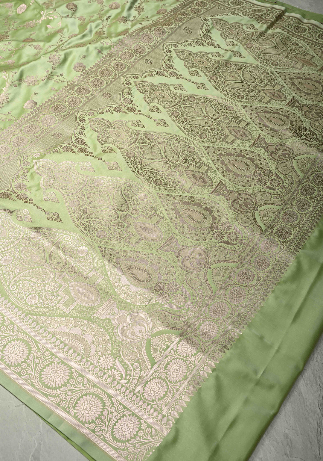 Light Pista Green Banarasi Semi Mashru Silk Saree with Floral Jaal and Zari Border