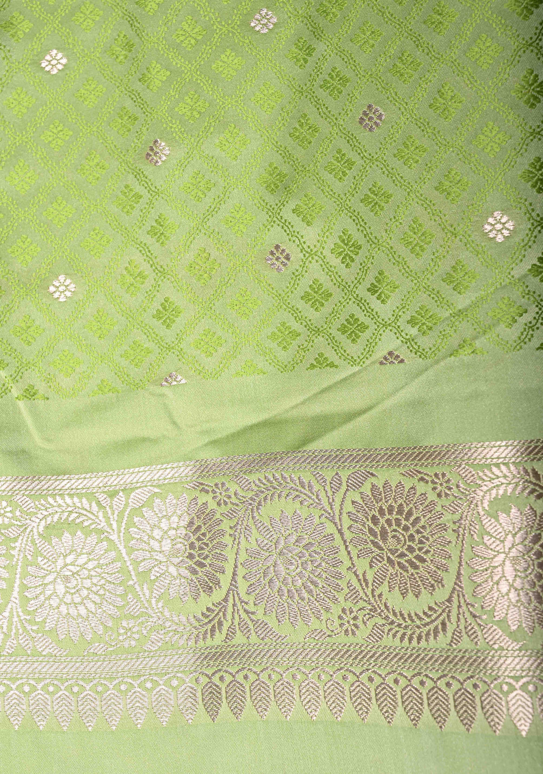 Light Pista Green Banarasi Semi Mashru Silk Saree with Floral Jaal and Zari Border