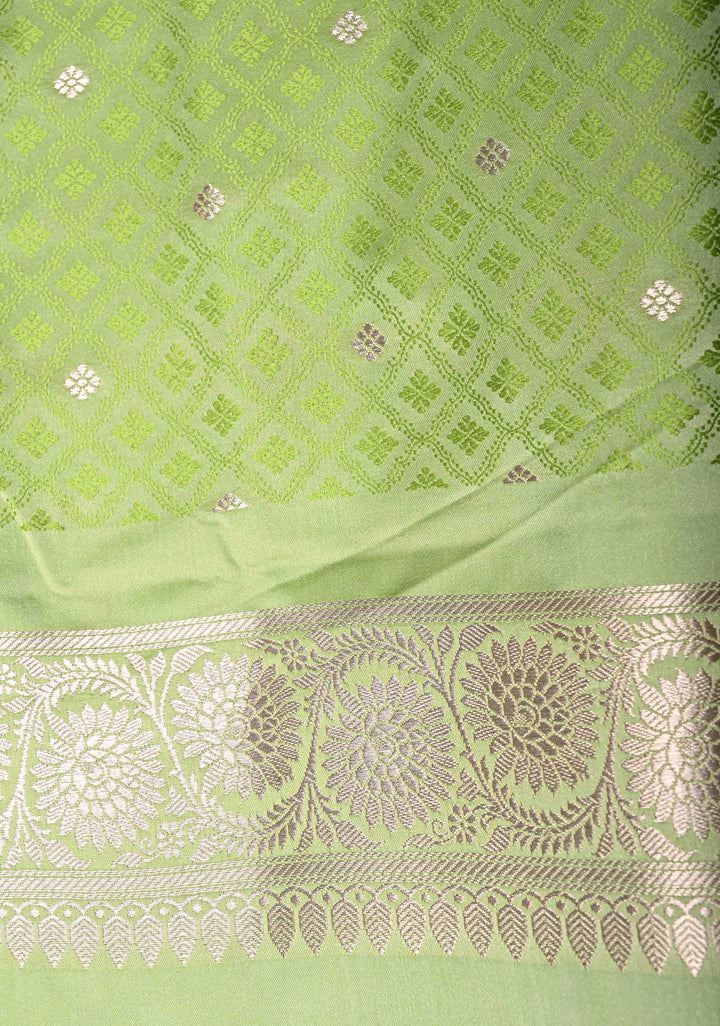 Light Pista Green Banarasi Semi Mashru Silk Saree with Floral Jaal and Zari Border